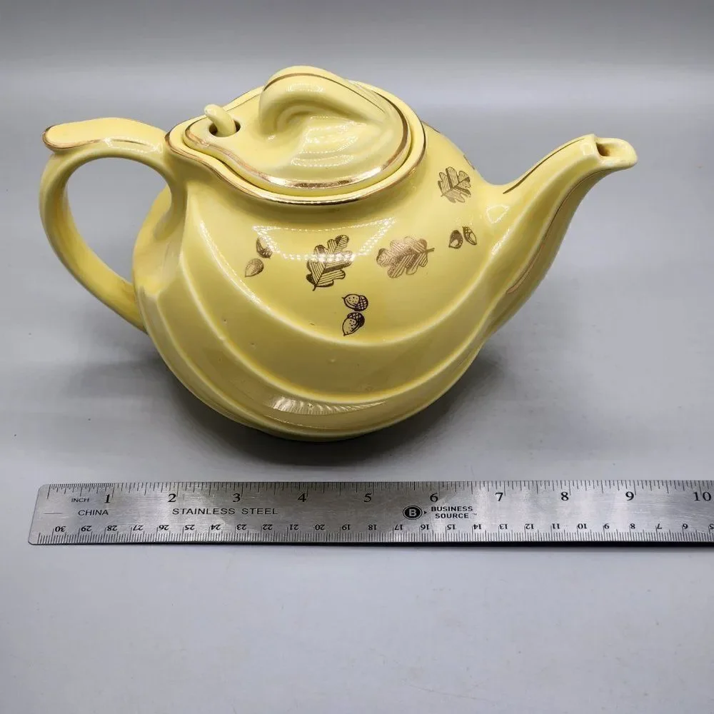 Vtg HALL Teapot Yellow 6 Cup 0799 Made in USA Art Deco Gold Trim Autumn Leaves